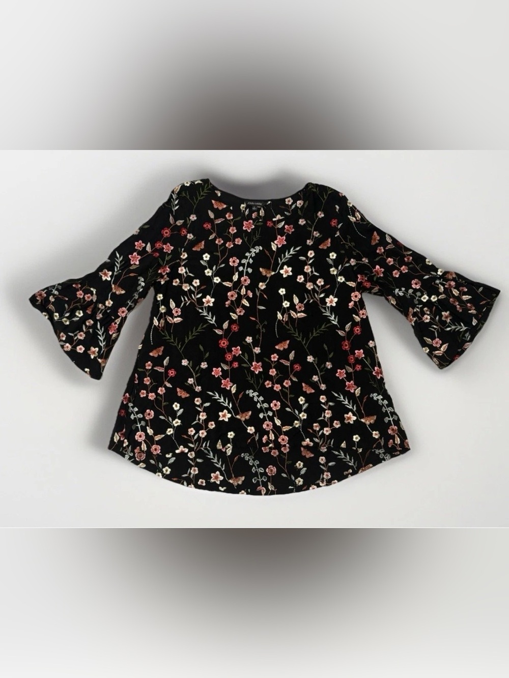 John Mark black flowy A-line blouse with colorful embroidered wildflowers